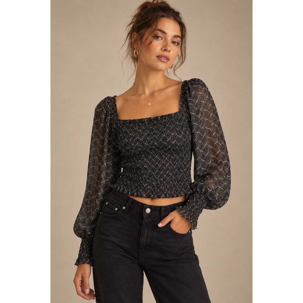 Anthropologie Smocked Bodice Top Grey White Geometric Sheer Balloon Sleeve S